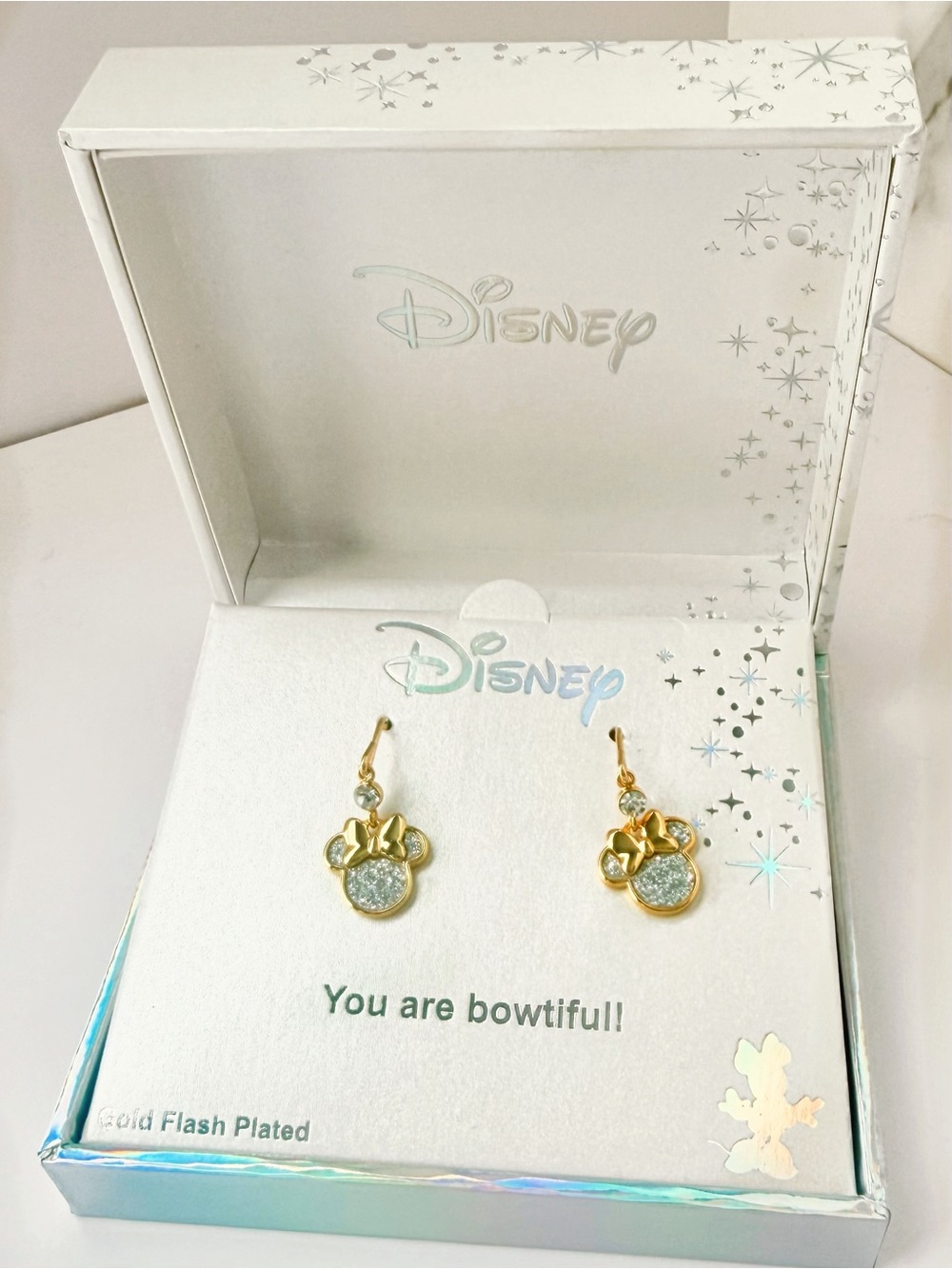 Disney Minnie Mouse Gold-Plated & Silver Glitter Drop Earrings — NIB